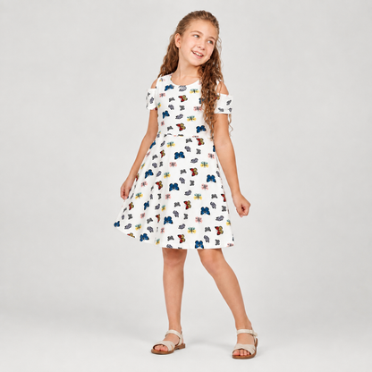 Girls Butterfly Print Cold Shoulder Dress