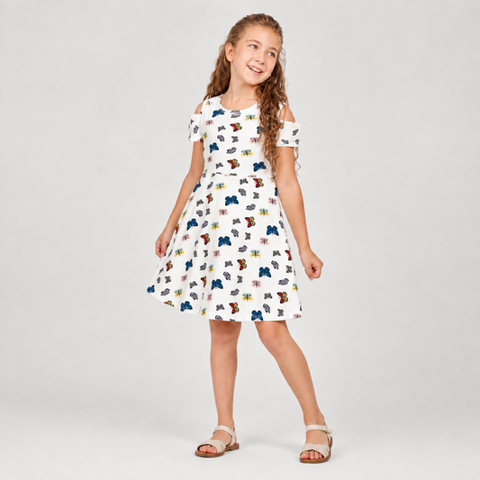 Girls Butterfly Print Cold Shoulder Dress
