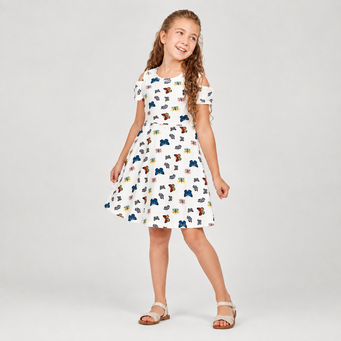 Girls Butterfly Print Cold Shoulder Dress