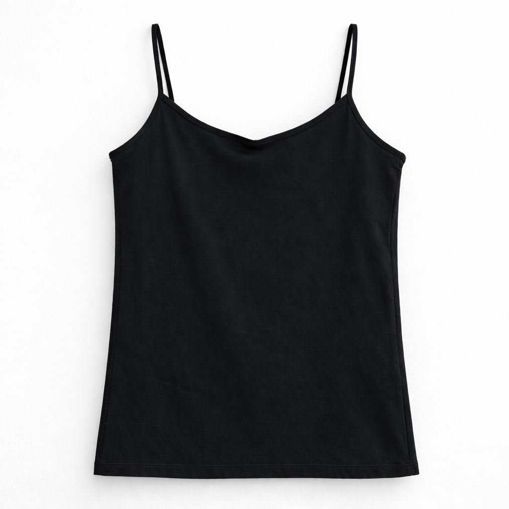 Black slip top with thin straps on a white background
