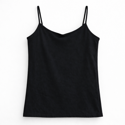 Black slip top with thin straps on a white background
