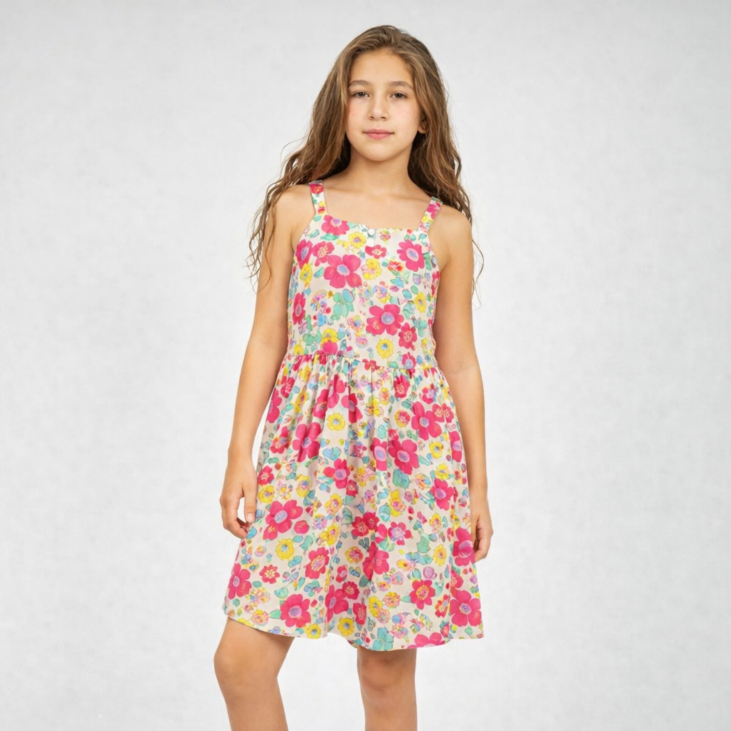 Young girl wearing a floral dress on a white background