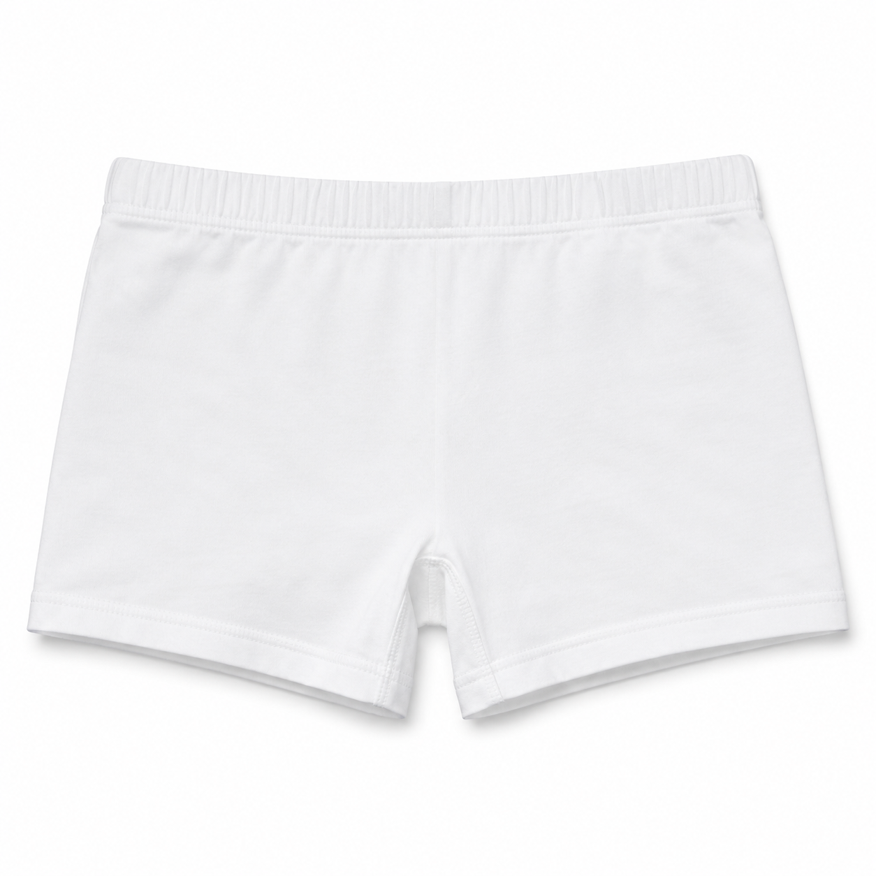 White cotton boxer briefs with an elastic waistband, shown flat against a white background.