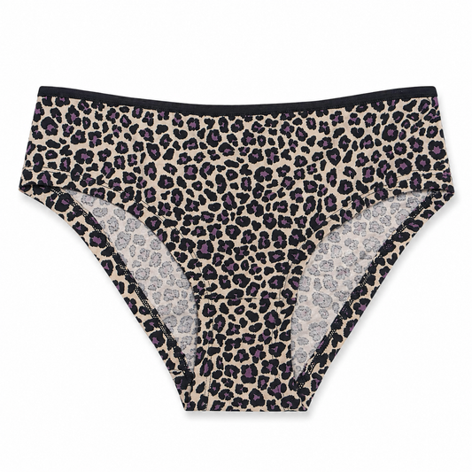 A pair of women's high-waisted briefs featuring a leopard print pattern in beige, black, and purple, with a solid black waistband.