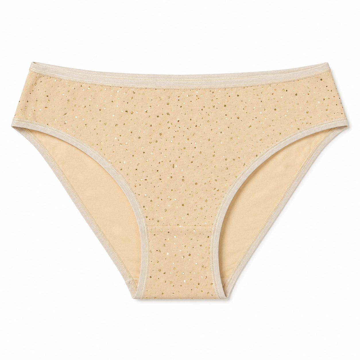 Beige sheer mesh briefs with a subtle gold glitter speckle pattern and light beige trim, shown flat against a white background.