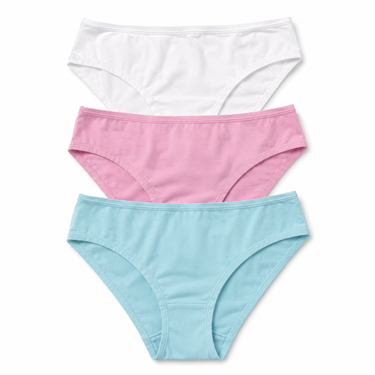Three pairs of women's bikini-style underwear stacked vertically on a white background, in white, pink, and light blue.