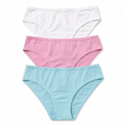 Three pairs of women's bikini-style underwear stacked vertically on a white background, in white, pink, and light blue.