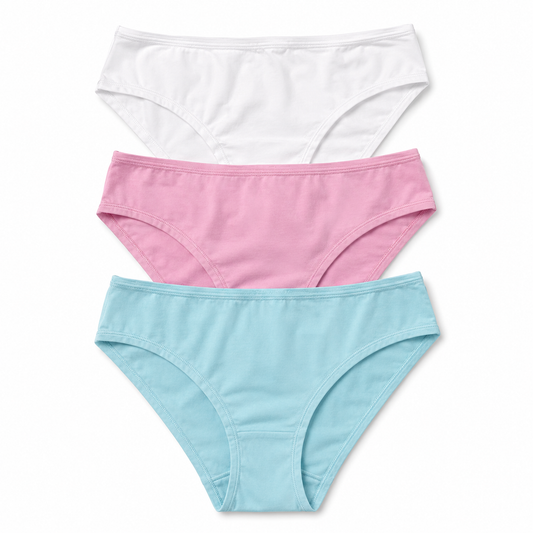 Three pairs of women's bikini-style underwear stacked vertically on a white background, in white, pink, and light blue.