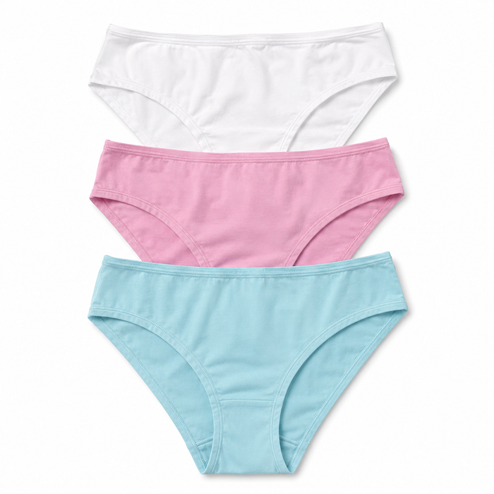 Three pairs of women's bikini-style underwear stacked vertically on a white background, in white, pink, and light blue.