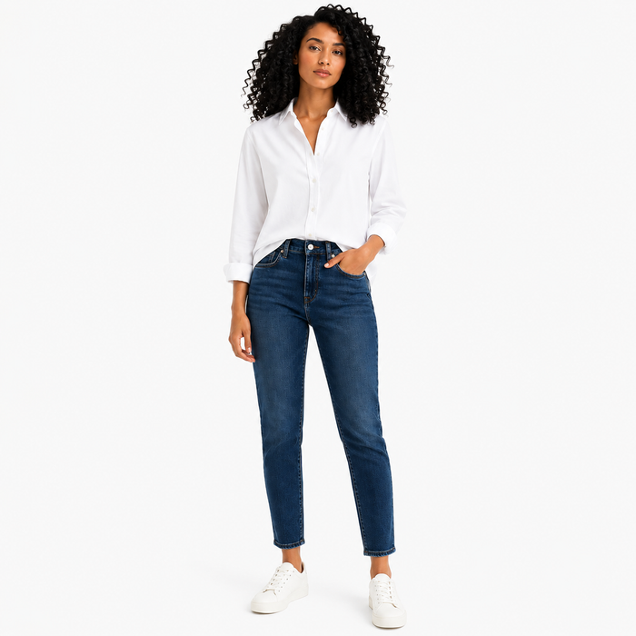 A woman modeling a white long-sleeve button-up shirt and dark blue straight-leg jeans with white sneakers, standing against a plain white studio background.