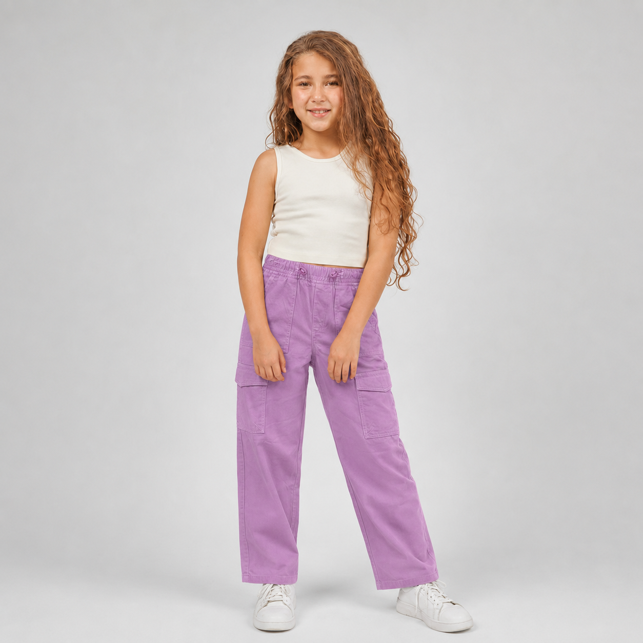 A young girl with long, wavy light brown hair stands against a light gray studio background, wearing lavender purple wide-leg cargo pants, a white sleeveless top, and white sneakers.