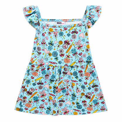 A light blue girls' dress with a colorful candy print, featuring ruffled shoulder straps and a tiered skirt, shown flat against a white background.