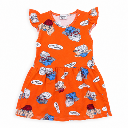 An orange girls' dress with a playful cartoon print of elderly dogs wearing red and blue hats, set against a plain white background.