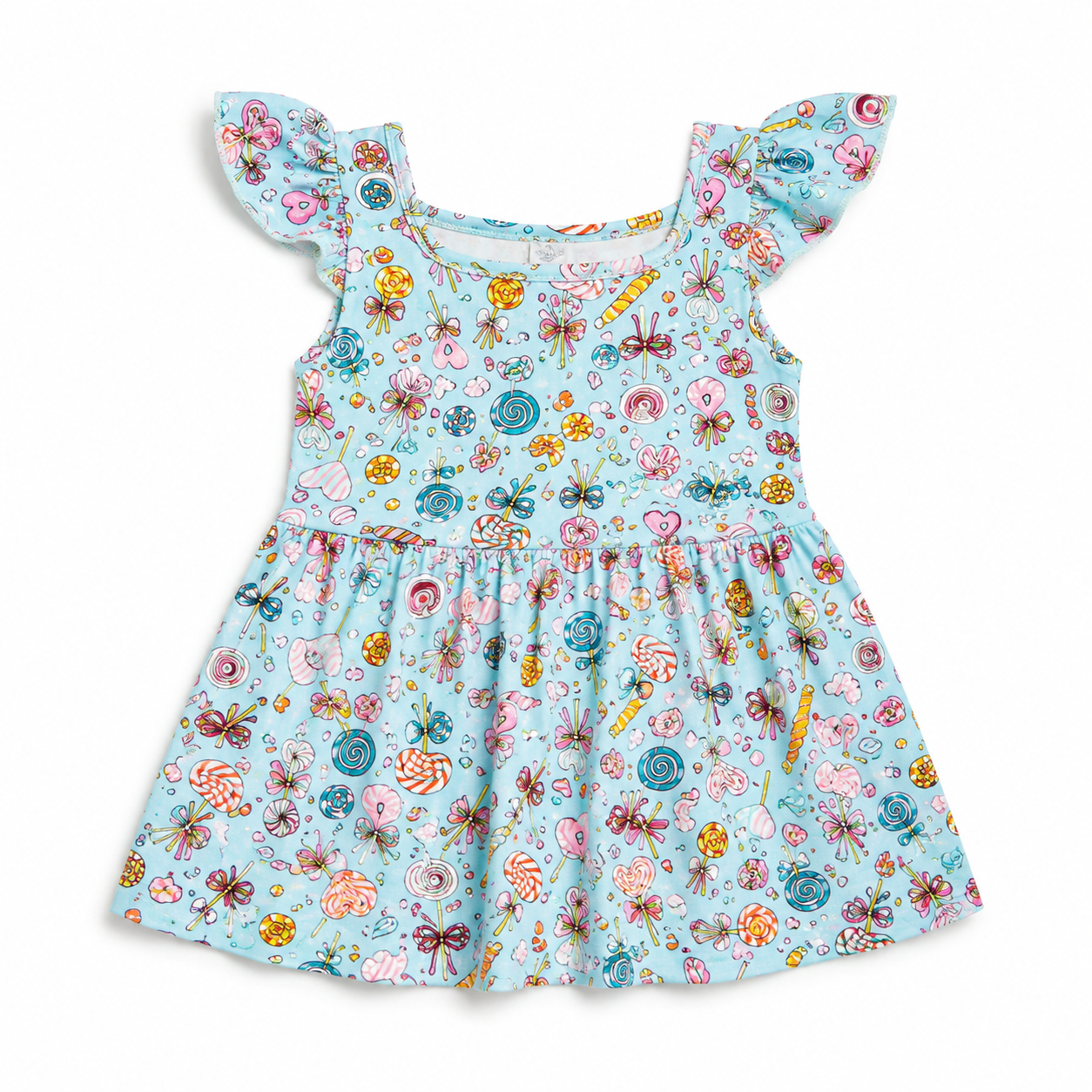 A light blue toddler girl's dress with a colorful candy print, featuring ruffled cap sleeves and a gathered skirt, shown flat on a white background.
