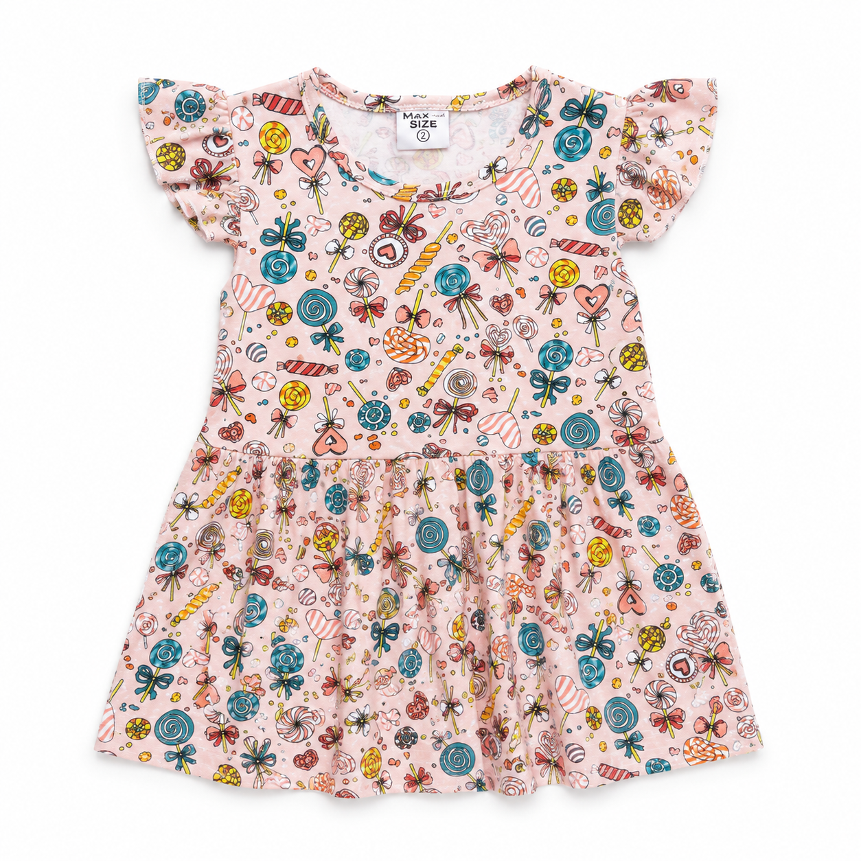 A pink children's dress with a colorful candy-themed print, featuring flutter sleeves and a ruffled hem, shown flat on a white background.