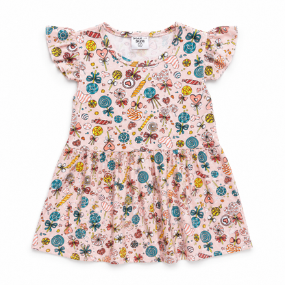 A pink children's dress with a colorful candy-themed print, featuring flutter sleeves and a ruffled hem, shown flat on a white background.