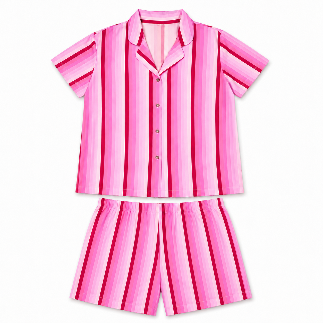 Pink and white striped pajama set on a white background