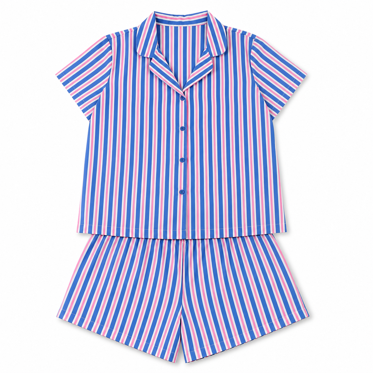 Blue and pink striped pajama set on a white background