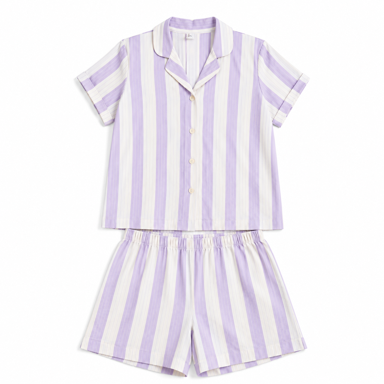 Purple and white striped pajama set on a white background