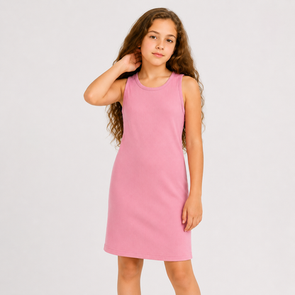 Young girl wearing a pink sleeveless dress against a plain background