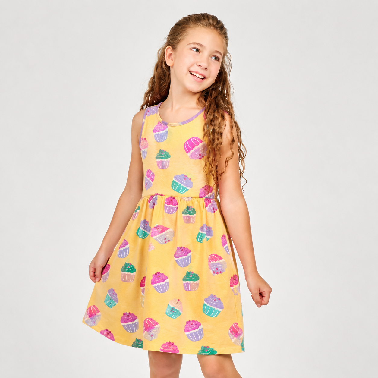 Young girl wearing a yellow dress with cupcake pattern on a white background