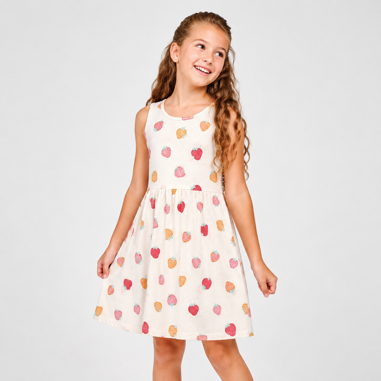Young girl wearing a white dress with colorful heart patterns on a plain background