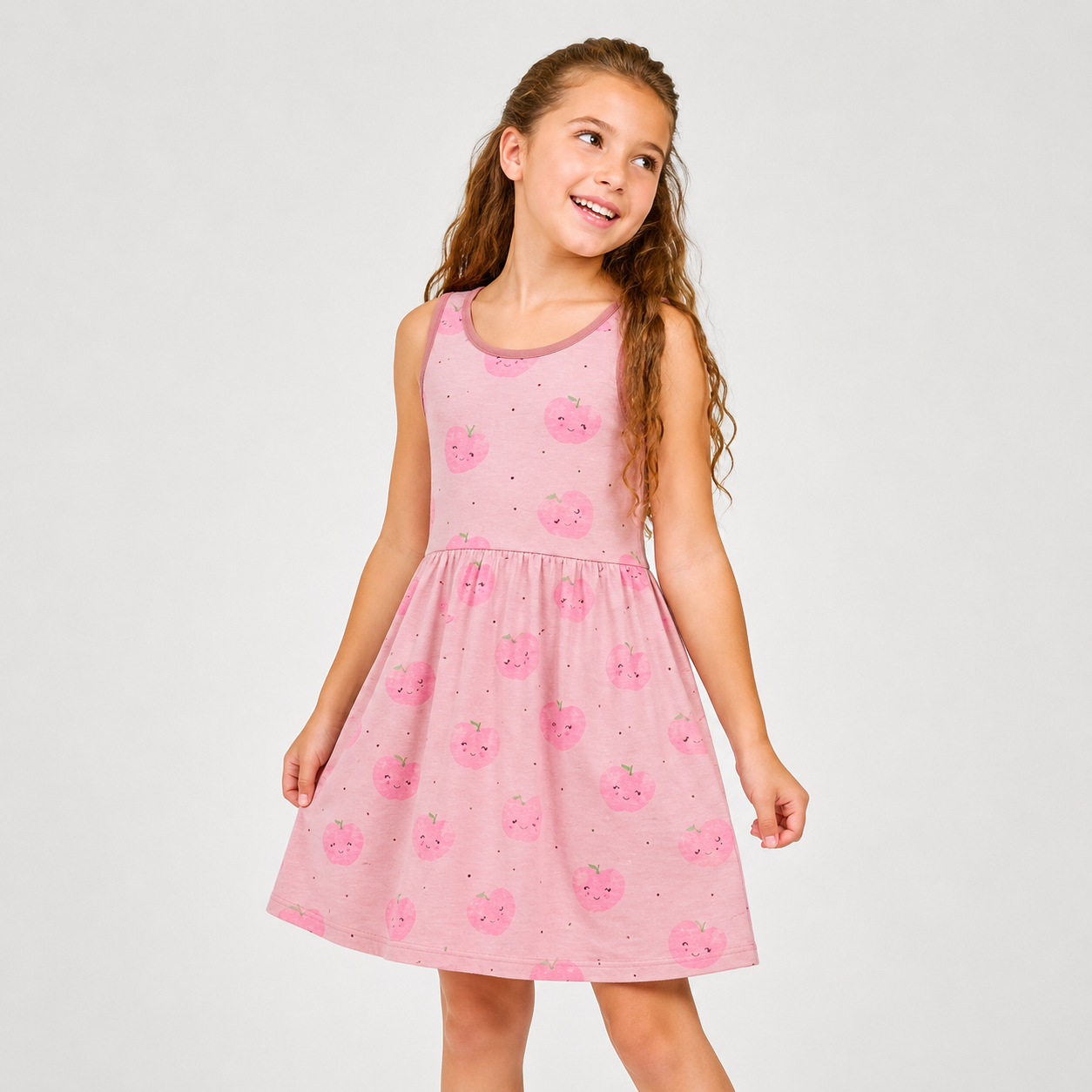 Young girl wearing a pink dress with cherry pattern on a white background