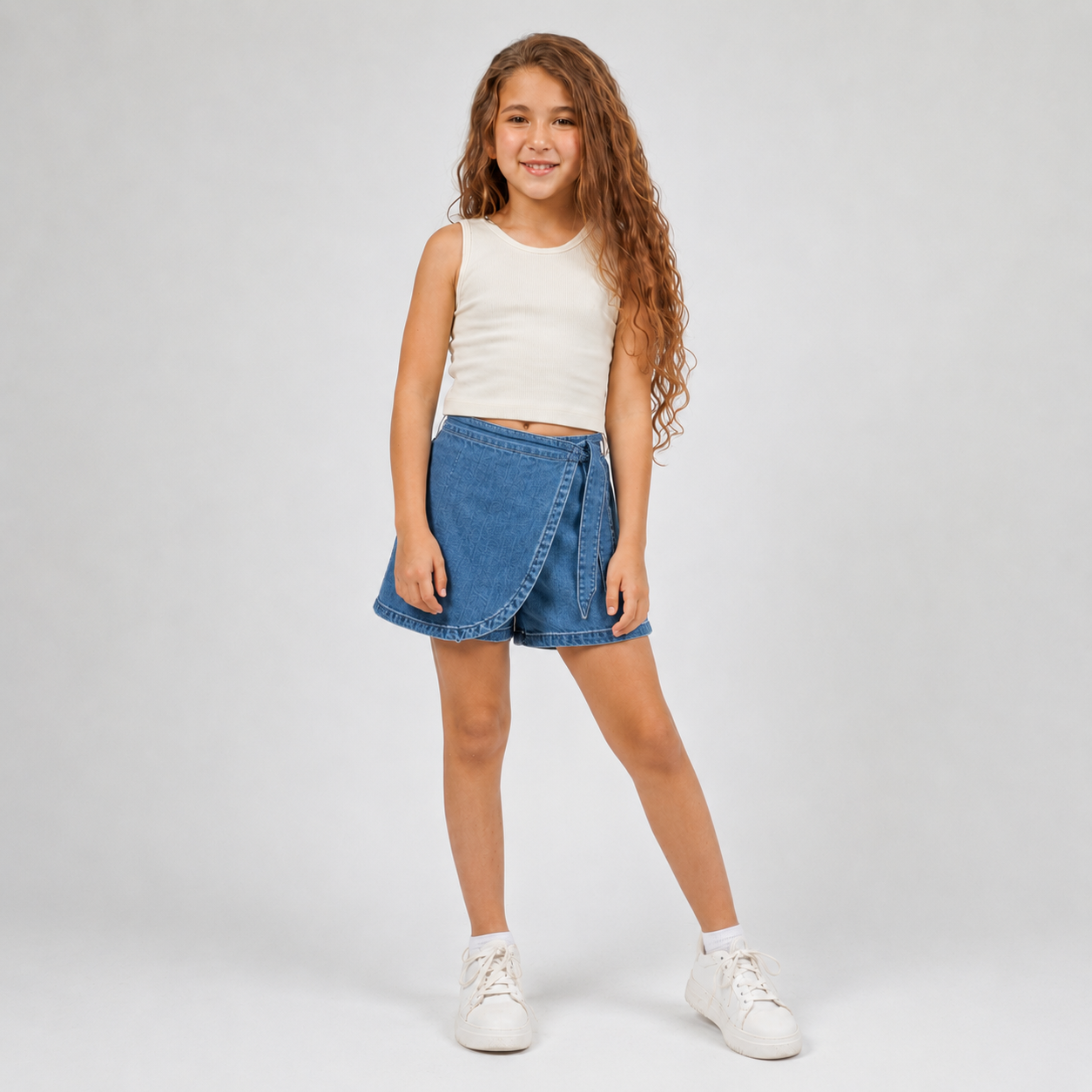 Young girl wearing a white sleeveless top and blue denim skirt on a light gray background