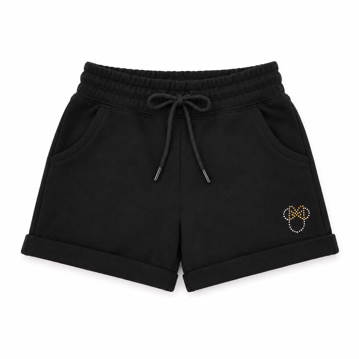 Black shorts with a decorative emblem on a white background