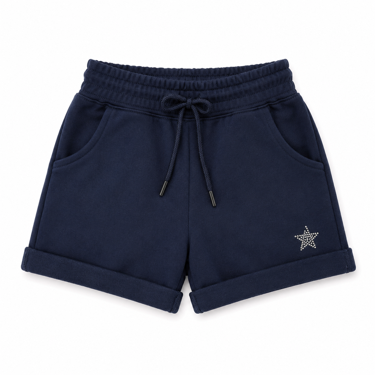 Navy blue shorts with a star detail on a white background