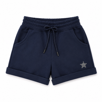 Navy blue shorts with a star detail on a white background