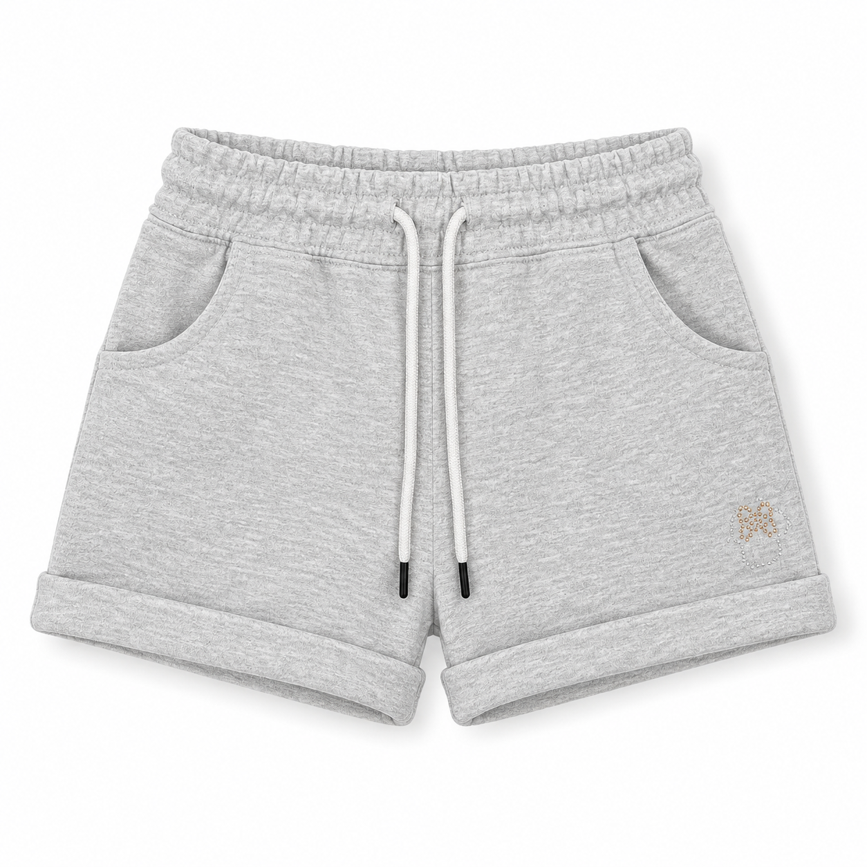 Gray shorts with a brand logo on a white background