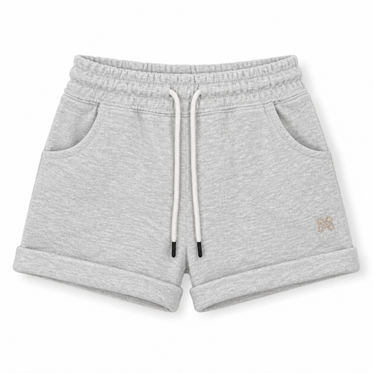 Gray shorts with a brand logo on a white background