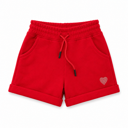 Red shorts with a heart design on a white background