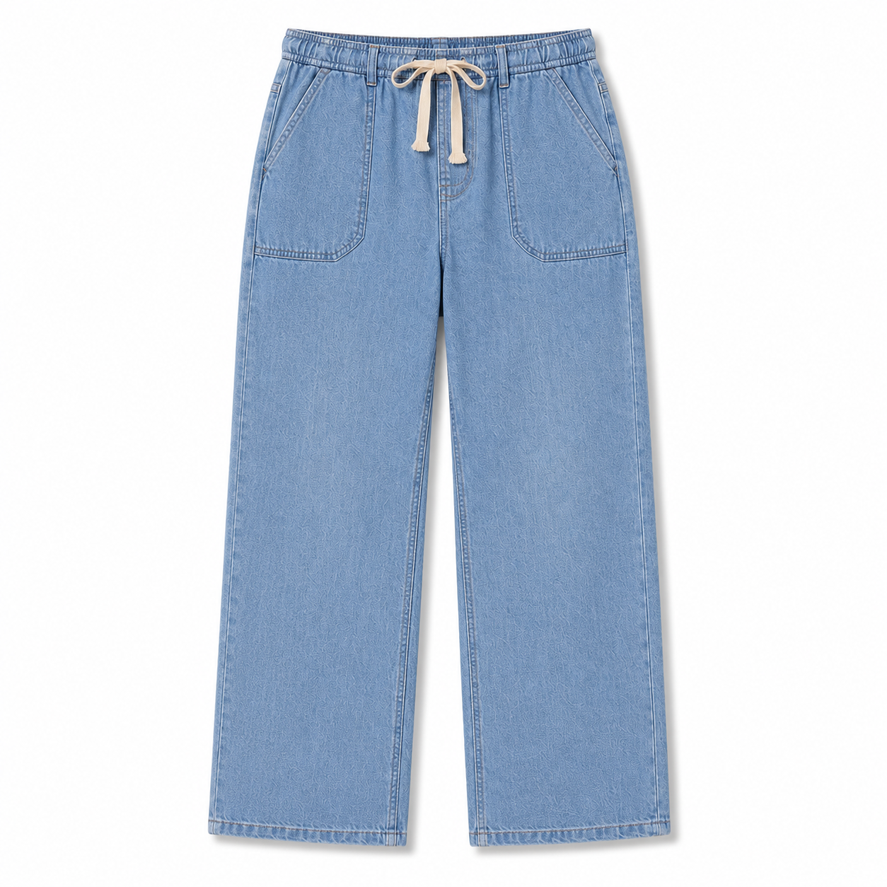 Light blue denim pants with drawstring on a white background
