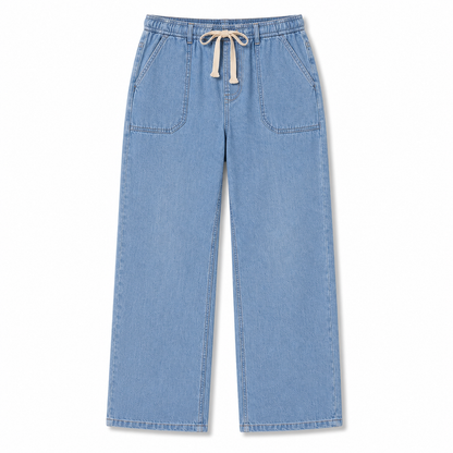 Light blue denim pants with drawstring on a white background