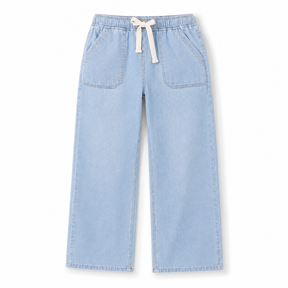 Light blue denim pants with a drawstring on a white background