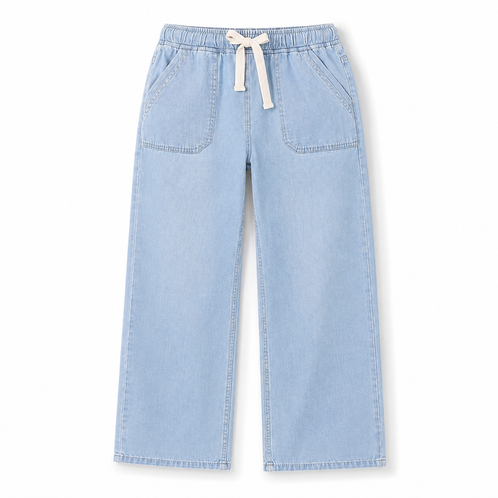 Light blue denim pants with a drawstring on a white background
