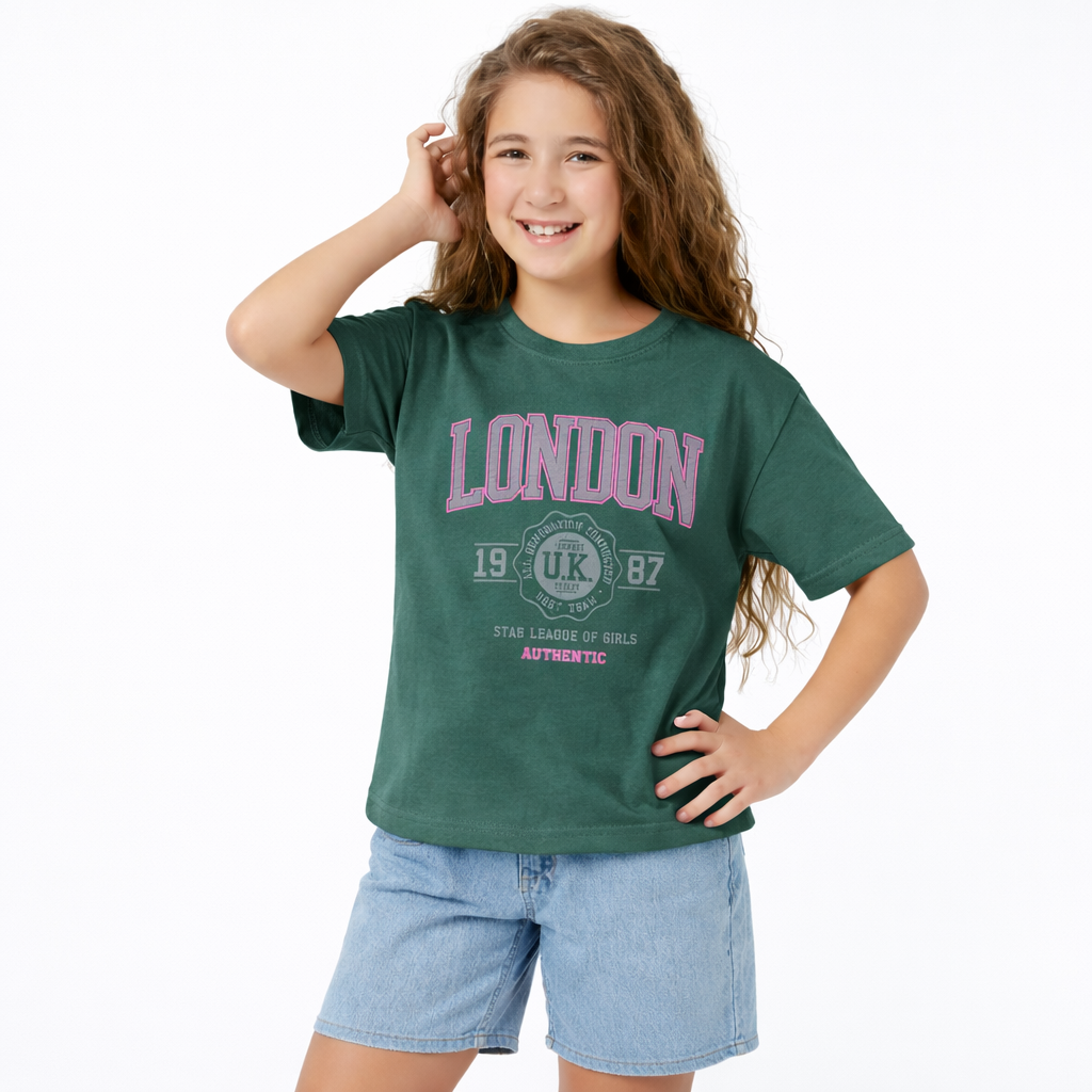 Girl wearing a green t-shirt with 'London' text on a white background