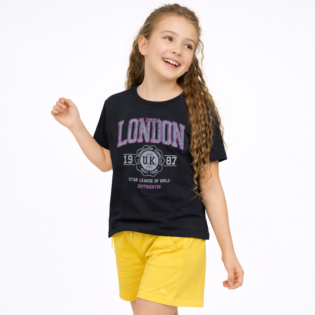 Young girl wearing a black t-shirt with 'London' text and yellow shorts on a white background