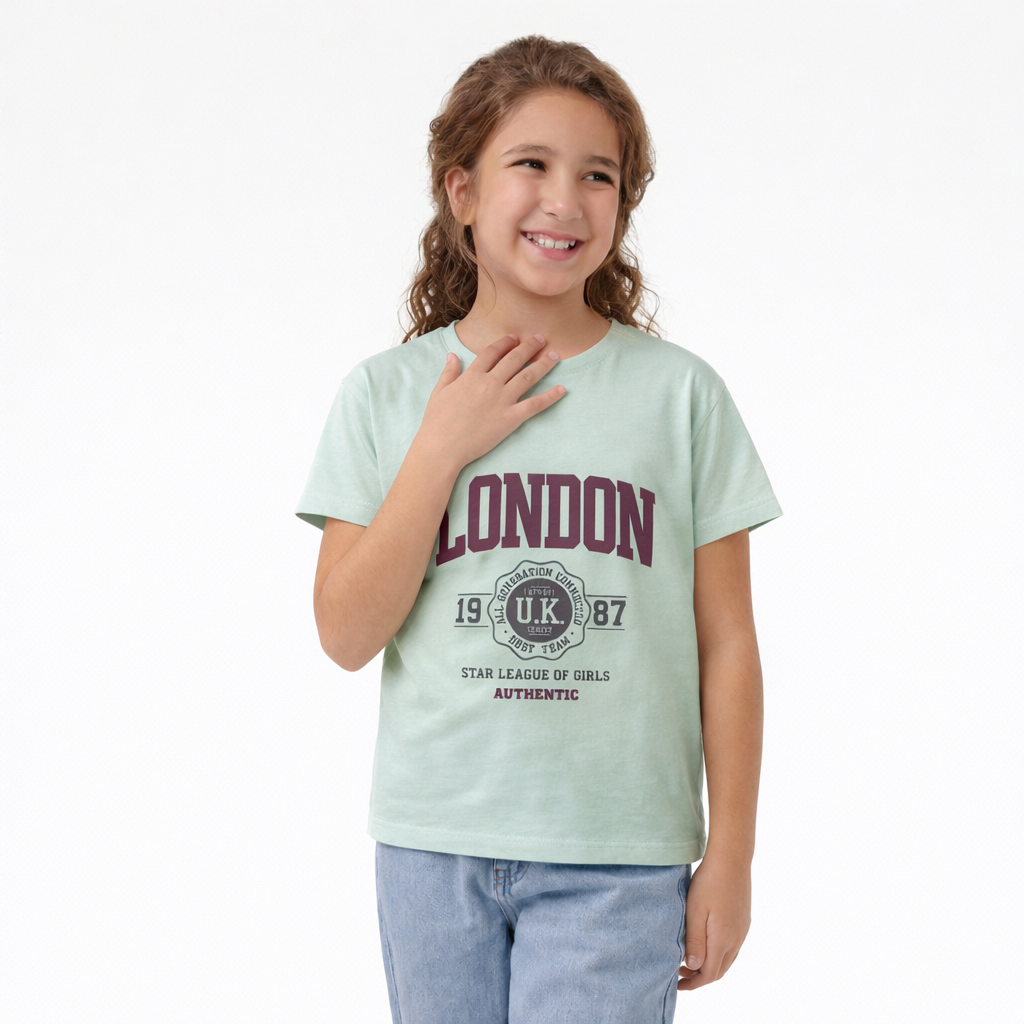 Young girl wearing a light green t-shirt with 'London' text on a white background