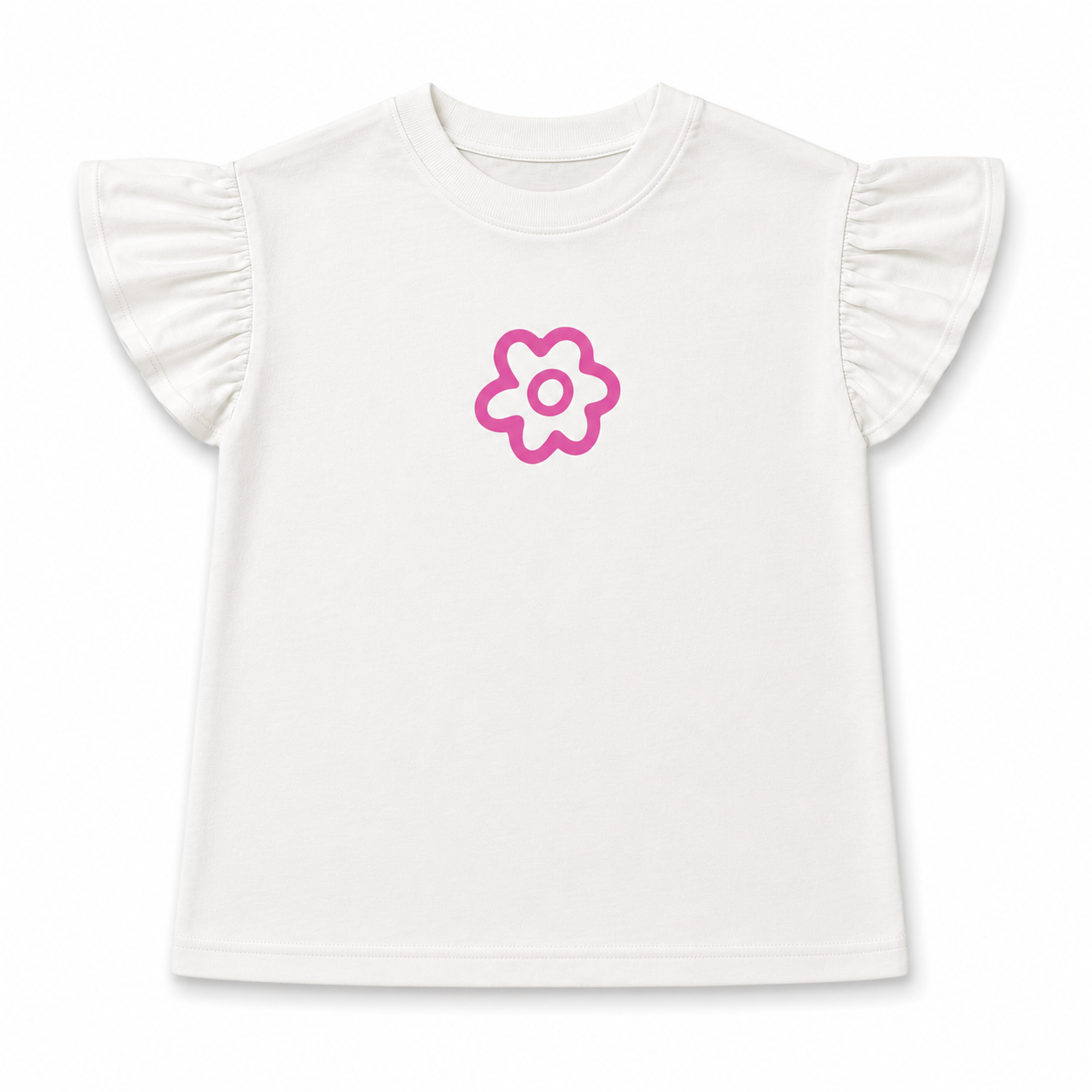 White t-shirt with ruffled sleeves and a pink flower design on a white background