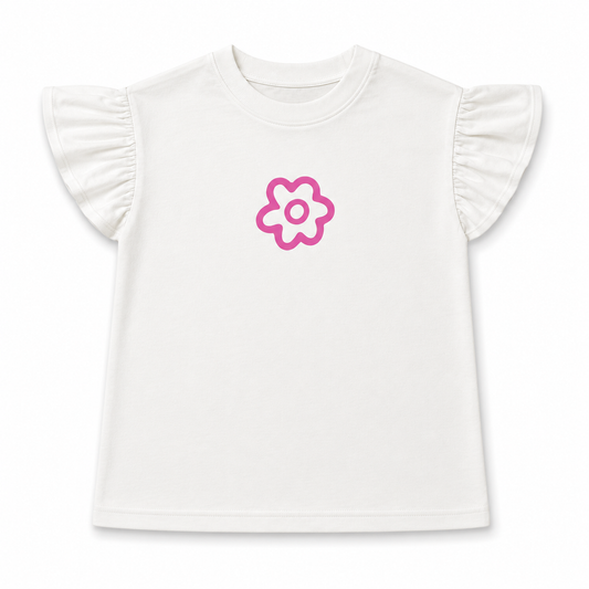 White t-shirt with ruffled sleeves and a pink flower design on a white background
