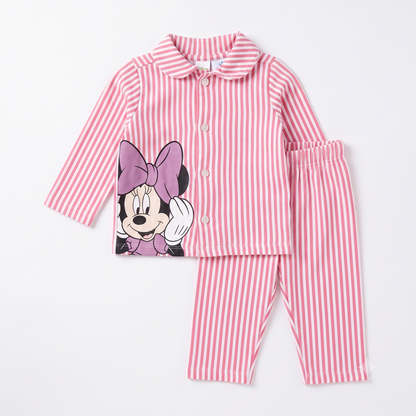 Pink and white striped children's pajama set with Minnie Mouse design on a light gray background