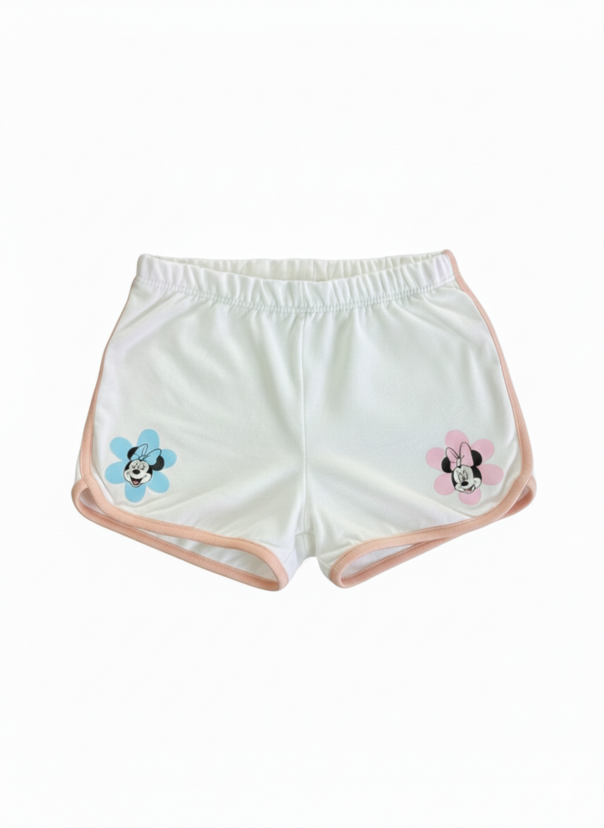 White shorts with cartoon character designs on a white background