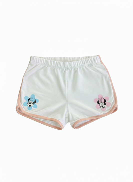 White shorts with cartoon character designs on a white background