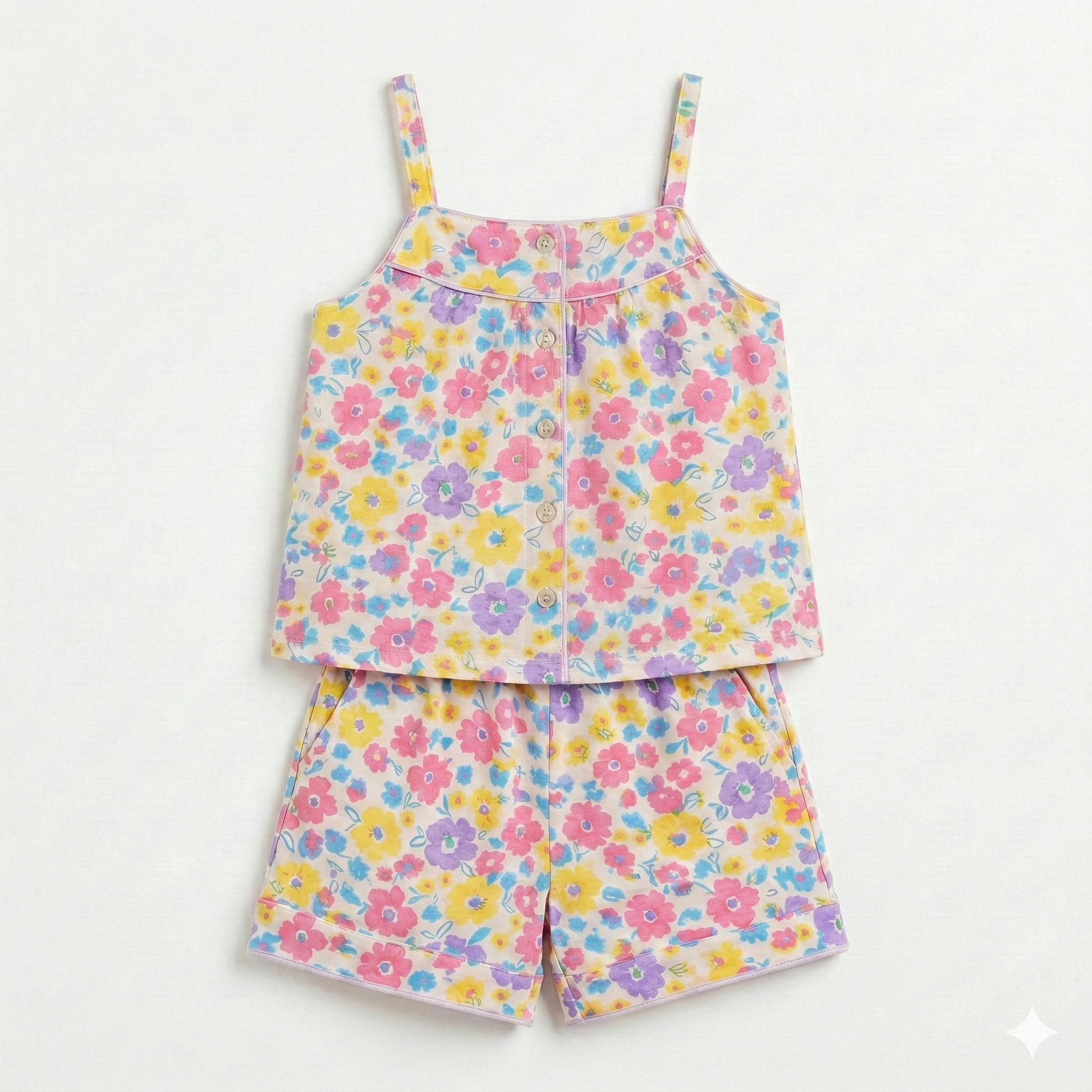 Floral pajama set with a top and shorts on a white background