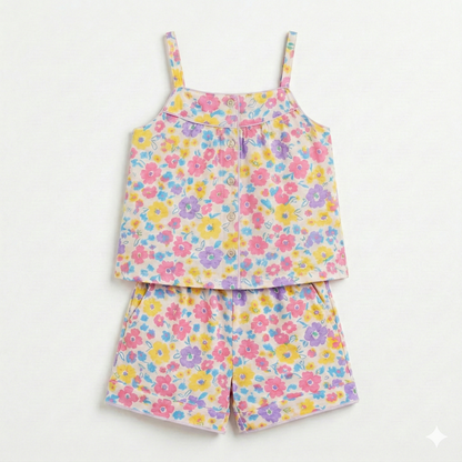 Floral pajama set with a top and shorts on a white background