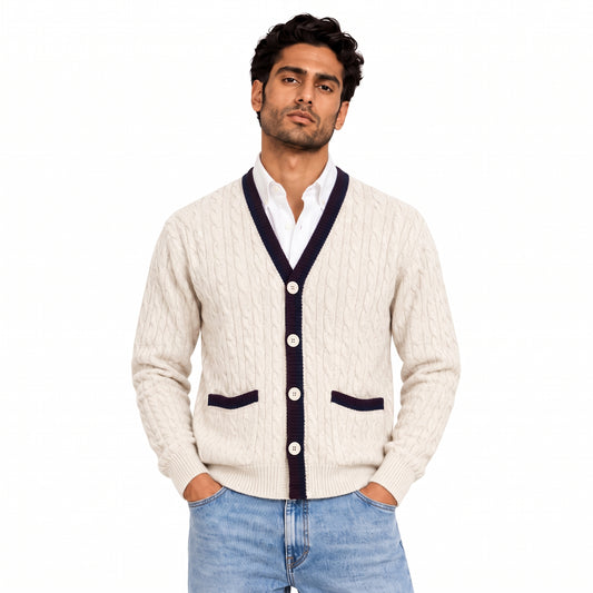 Men's V-Neck Button Knit Cardigan in Cream