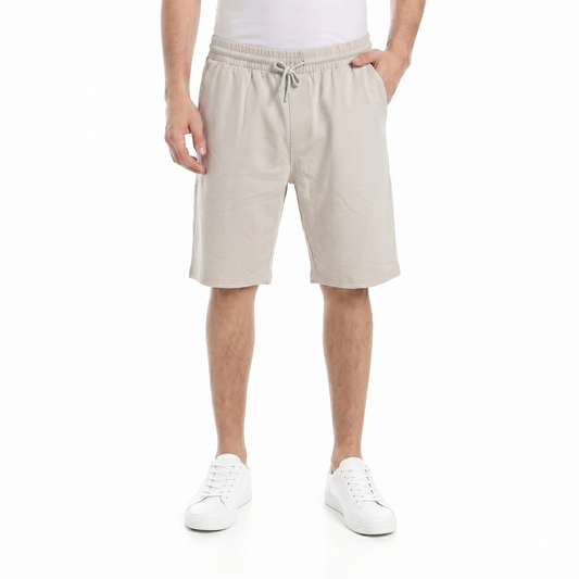 Men wearing plain cotton shorts with elastic waistband and drawstring